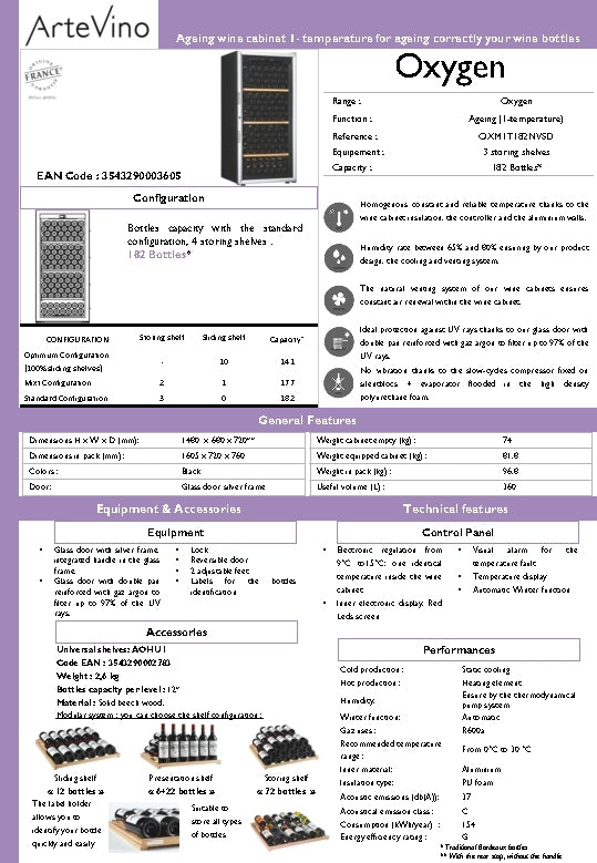 ArteVino: 182 Bottle Temperature Controlled Storage and Ageing Cabinet (OXM1T182NVSD)