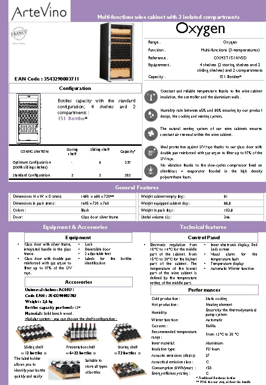AtreVino: 151 Bottle Capacity With Three Temperature Variable Compartments Wine Cabinet (OXM3T151NVSD)