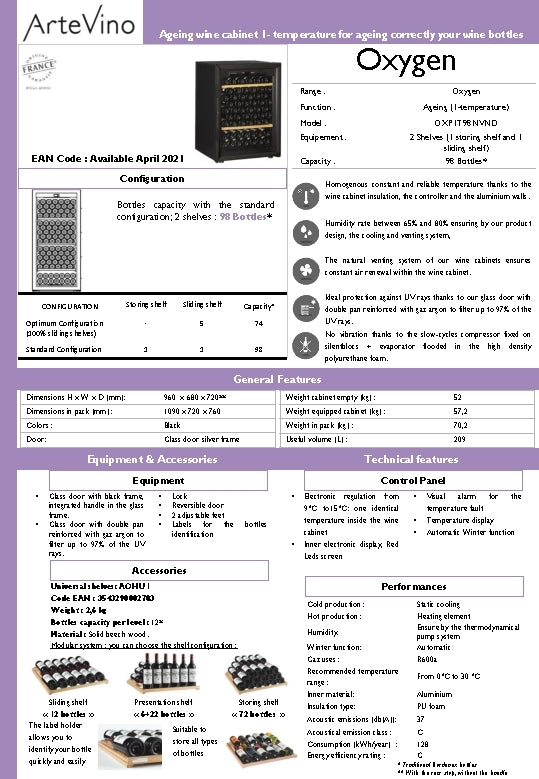 ArteVino: 98 Bottle Temperature Controlled Aging Wine Cabinet (OXP1T98NVND)