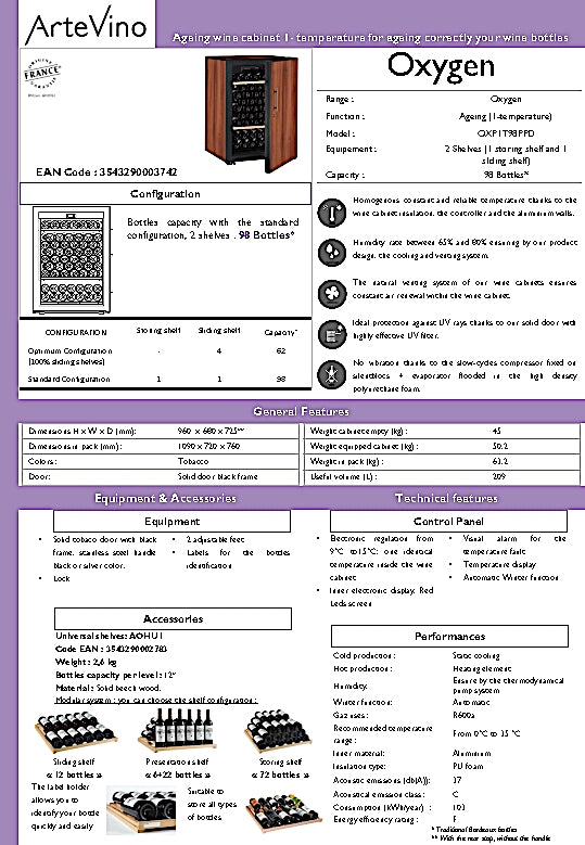 ArteVino: 98 Bottle Wine Maturing Temperature Controlled Wine Cabinet (OXP1T98NPD)